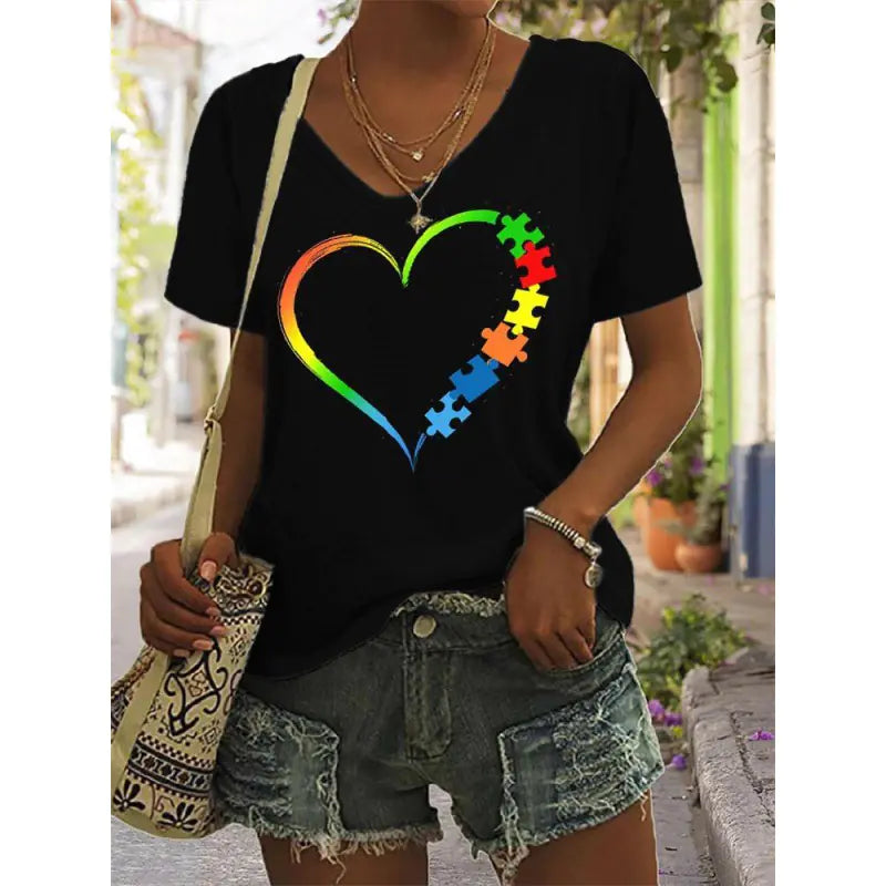 3D Printed Summer V-Neck T-Shirt for Women